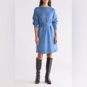 Blue Belted Sweater Dress